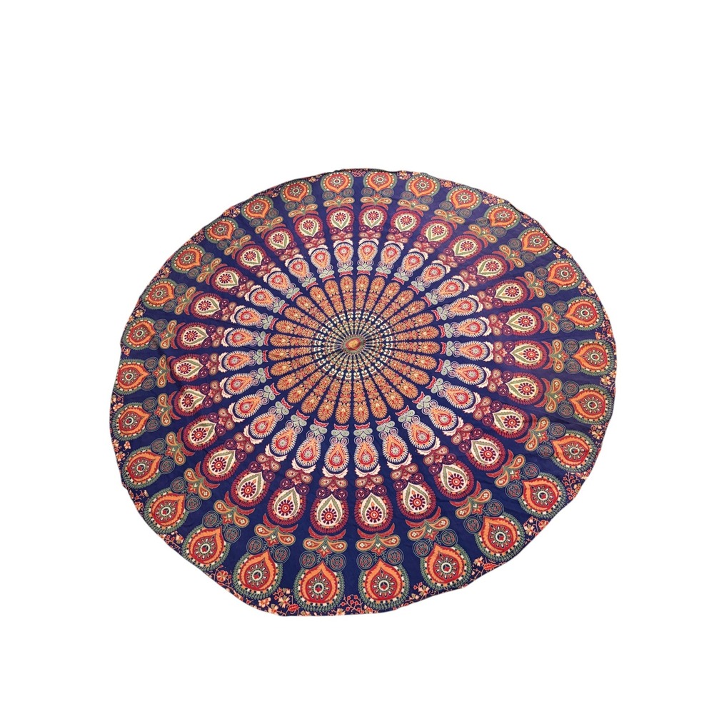 Round Mandala Tapestry Blue Orange Paisley Boho Wall Hanging 70 Inch